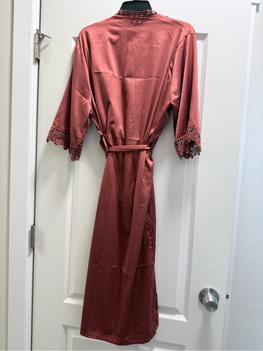 Long Satin Lace-Trim Robe in Rust - Picture 5 of 5